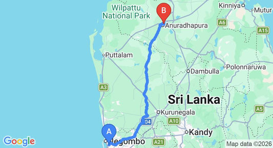 Driving route map: Colombo Airport (CMB) to Adhitya Ayurveda, Anuradhapura, Anuradhapura (176 km, approx 3 h 48 min private transfer)