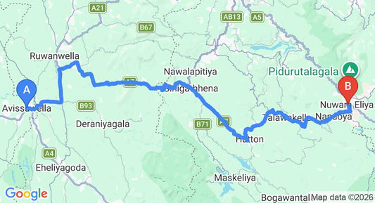 Driving route map: Avissawella to Nuwara Eliya (110 km, approx 3 h 24 min private transfer)