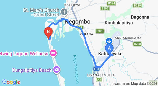Driving route map: Colombo Airport (CMB) to Pitipana (14 km, approx 33 min private transfer)
