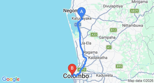 Driving route map: Colombo Airport (CMB) to Shangri La Hotel Colombo, Colombo (35 km, approx 48 min private transfer)