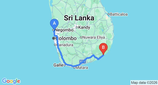 Driving route map: Colombo Airport (CMB) to Tamarind Shade Holiday Bungalow, Yala (316 km, approx 5 h 4 min private transfer)