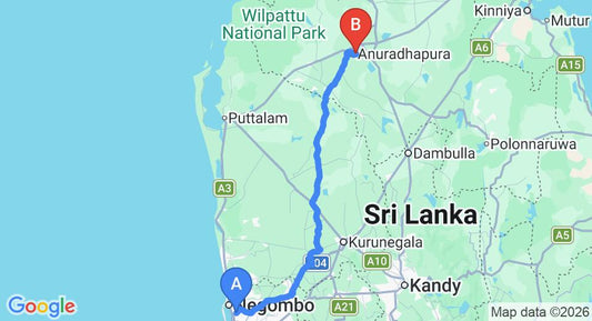 Driving route map: Colombo Airport (CMB) to Green Garden Holiday Bungalow, Anuradhapura (176 km, approx 3 h 50 min private transfer)