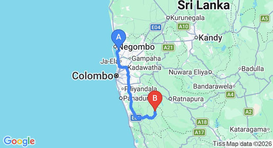 Driving route map: Colombo Airport (CMB) to Laya Leisure, Mathugama (116 km, approx 2 h 2 min private transfer)