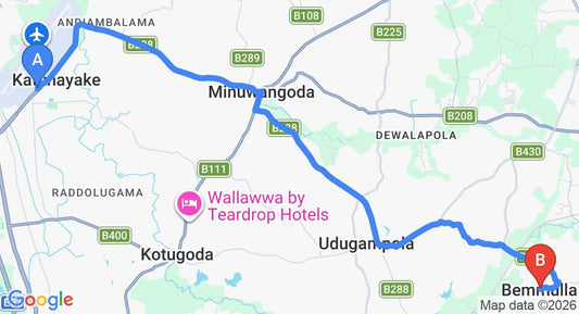 Driving route map: Colombo Airport (CMB) to Bemmulla (23 km, approx 49 min private transfer)