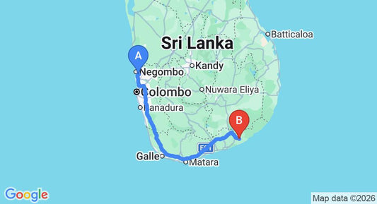 Driving route map: Colombo Airport (CMB) to Tissa Bungalow, Tissamaharama (280 km, approx 3 h 45 min private transfer)