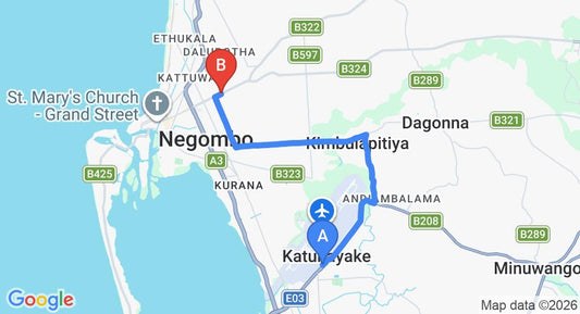 Driving route map: Colombo Airport (CMB) to Avenra Garden, Negombo (11 km, approx 25 min private transfer)