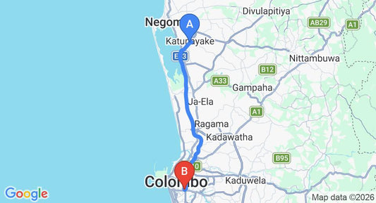 Driving route map: Colombo Airport (CMB) to Maniumpathy, Colombo (33 km, approx 42 min private transfer)