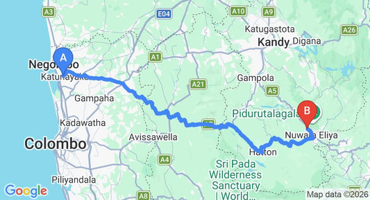 Driving route map: Colombo Airport (CMB) to The Golden Ridge Hotel, Nuwara Eliya (156 km, approx 4 h 50 min private transfer)