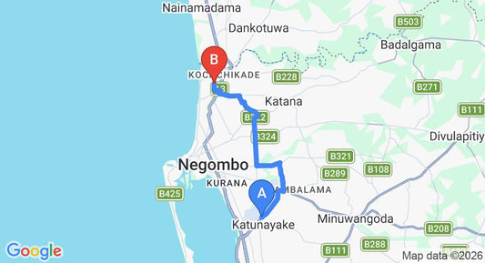 Driving route map: Colombo Airport (CMB) to Silver Sands, Negombo (16 km, approx 35 min private transfer)