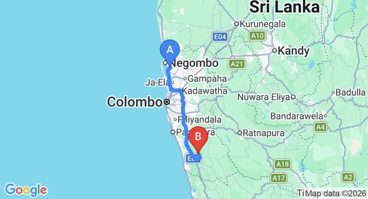 Driving route map: Colombo Airport (CMB) to Pantiya Estate Holiday Bungalow, Mathugama (95 km, approx 1 h 33 min private transfer)