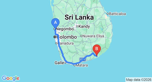 Driving route map: Colombo Airport (CMB) to Thaulle Resort, Yala (283 km, approx 3 h 51 min private transfer)