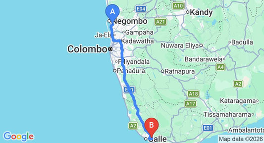Driving route map: Colombo Airport (CMB) to Apa Villa Illuketiya, Galle (153 km, approx 2 h 8 min private transfer)
