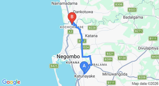 Driving route map: Colombo Airport (CMB) to Karunakarala Ayurveda Resort, Wennappuwa (18 km, approx 40 min private transfer)