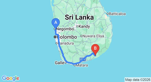 Driving route map: Colombo Airport (CMB) to Elephant Eye Hotel, Tissamaharama (277 km, approx 3 h 39 min private transfer)