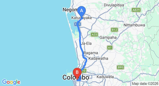 Driving route map: Colombo Airport (CMB) to Rosmead Place by Thilanka, Colombo (34 km, approx 44 min private transfer)