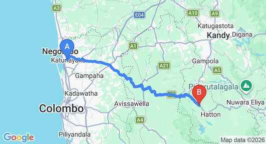 Driving route map: Colombo Airport (CMB) to Pine Forest Inn Holiday Bungalow, Watawala (105 km, approx 3 h 12 min private transfer)