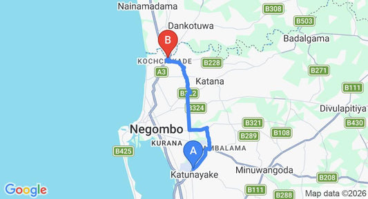 Driving route map: Colombo Airport (CMB) to Ranowell Hotel, Negombo (16 km, approx 34 min private transfer)