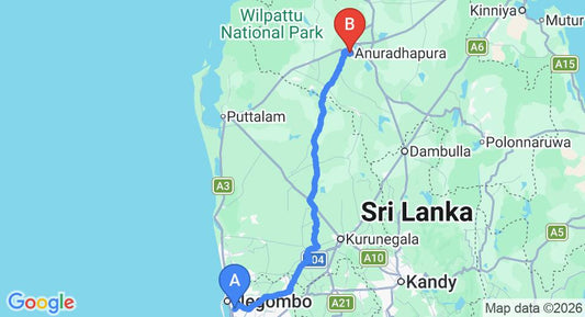Driving route map: Colombo Airport (CMB) to Sandelle Holiday Resort, Anuradhapura (174 km, approx 3 h 45 min private transfer)