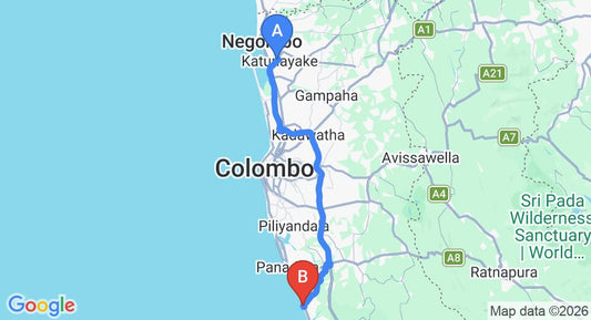 Driving route map: Colombo Airport (CMB) to Citrus Waskaduwa, Waskaduwa (79 km, approx 1 h 24 min private transfer)