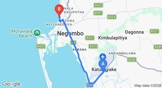 Driving route map: Colombo Airport (CMB) to Pledge Scape, Negombo (12 km, approx 29 min private transfer)