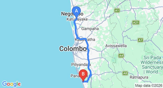 Driving route map: Colombo Airport (CMB) to Little Villa, Wadduwa (78 km, approx 1 h 21 min private transfer)