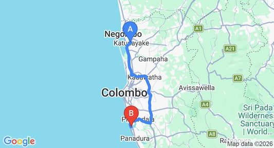 Driving route map: Colombo Airport (CMB) to The Pier Moratuwa, Moratuwa (71 km, approx 1 h 25 min private transfer)