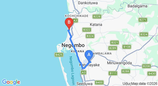 Driving route map: Colombo Airport (CMB) to Green View Hotel, Negombo (13 km, approx 31 min private transfer)
