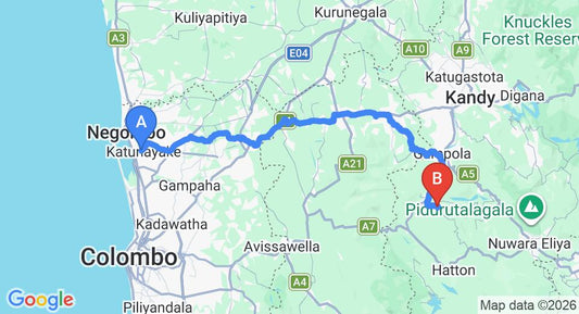 Driving route map: Colombo Airport (CMB) to The Tea Cottage Resort, Nawalapitiya (125 km, approx 3 h 52 min private transfer)