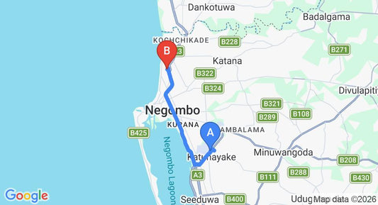 Driving route map: Colombo Airport (CMB) to Petit Guest House, Negombo (13 km, approx 32 min private transfer)
