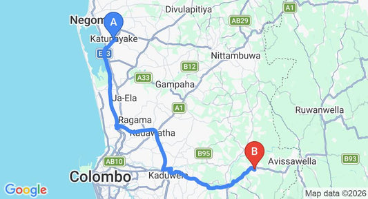 Driving route map: Colombo Airport (CMB) to Saffron Villa, Kosgama (60 km, approx 1 h 20 min private transfer)