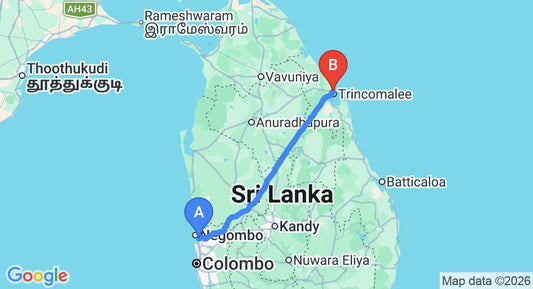 Driving route map: Colombo Airport (CMB) to Hotel Ocean Park, Trincomalee (237 km, approx 4 h 48 min private transfer)