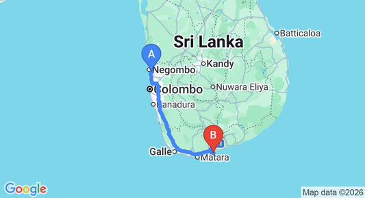 Driving route map: Colombo Airport (CMB) to Palm Paradise Cabanas and Villas Beach Resort, Tangalle (212 km, approx 2 h 54 min private transfer)