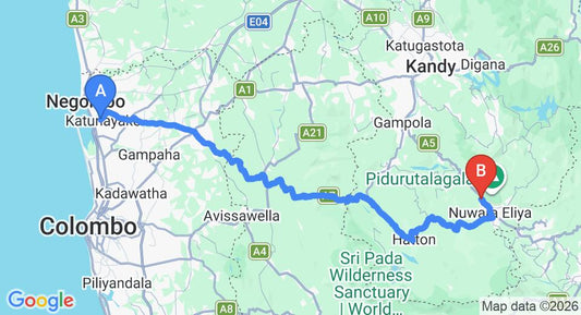 Driving route map: Colombo Airport (CMB) to Spring Acre, Nuwara Eliya (158 km, approx 4 h 54 min private transfer)