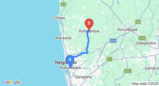 Driving route map: Colombo Airport (CMB) to Kuliyapitiya (50 km, approx 1 h 21 min private transfer)