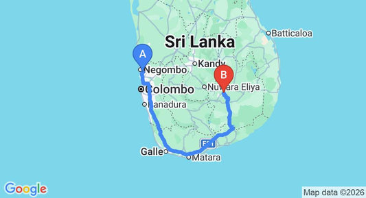 Driving route map: Colombo Airport (CMB) to Ella (335 km, approx 4 h 56 min private transfer)