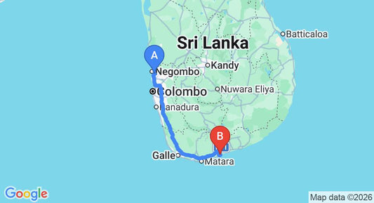 Driving route map: Colombo Airport (CMB) to Sandy Cabanas, Tangalle (218 km, approx 2 h 57 min private transfer)