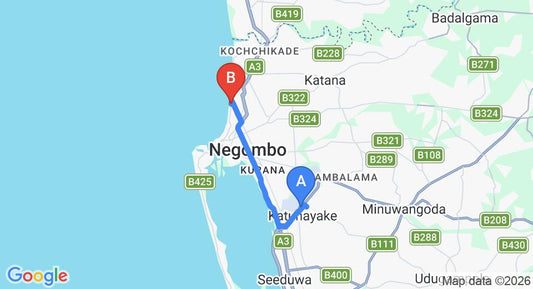 Driving route map: Colombo Airport (CMB) to Camelot Beach, Negombo (13 km, approx 30 min private transfer)
