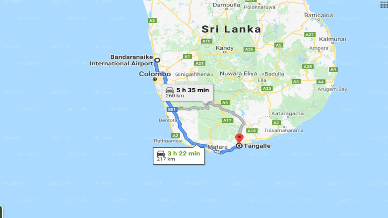 Transfer between Colombo Airport (CMB) and Calluna Hotel, Tangalle